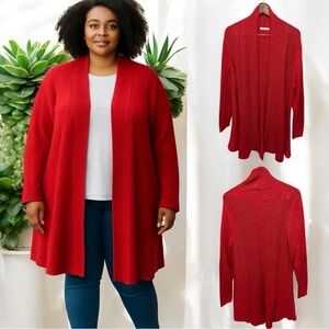 144 Notations | NWOT Red Open Front Metallic Textured Knit Cardigan (size L)